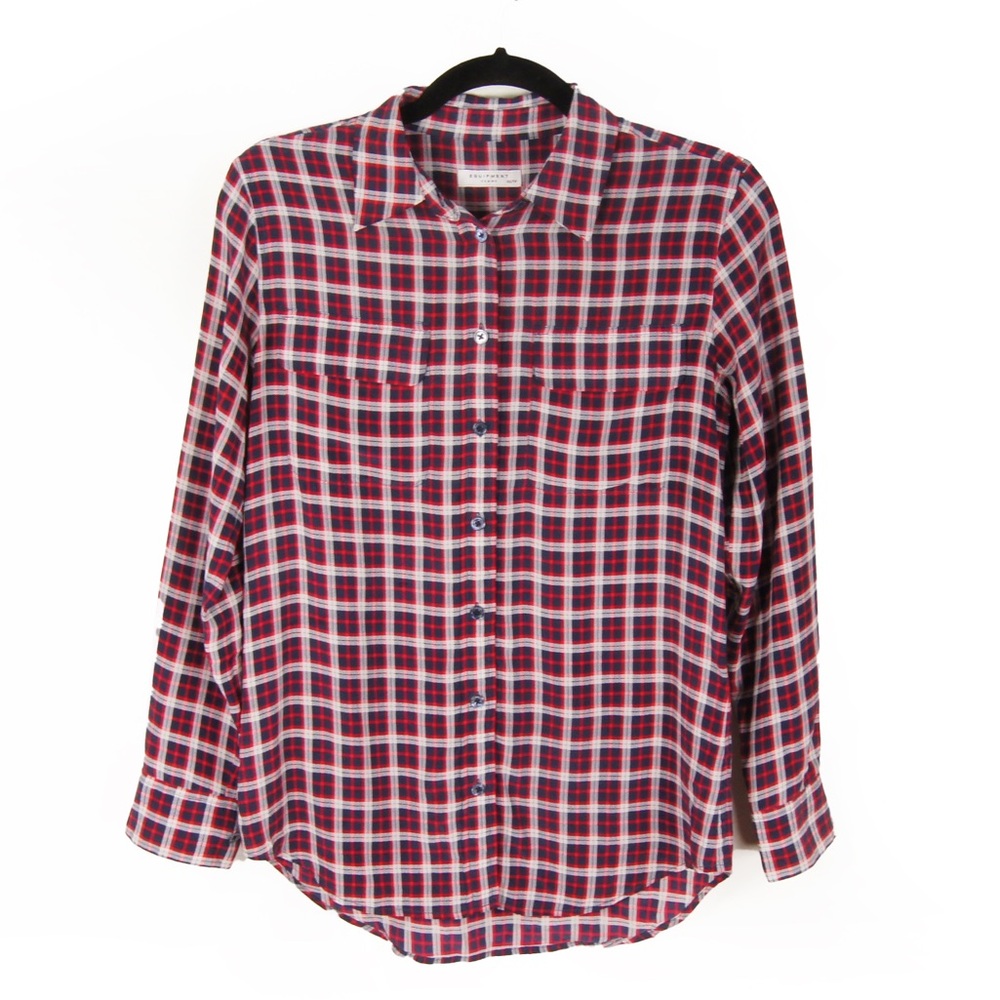 Equipment Red Blue White Check Plaid Silk Button Up Long Sleeve Silk Blouse